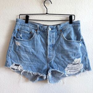 LEVI'S Distressed Cut Off High Waist Blue Denim Jean Shorts Womens 31 Y2K